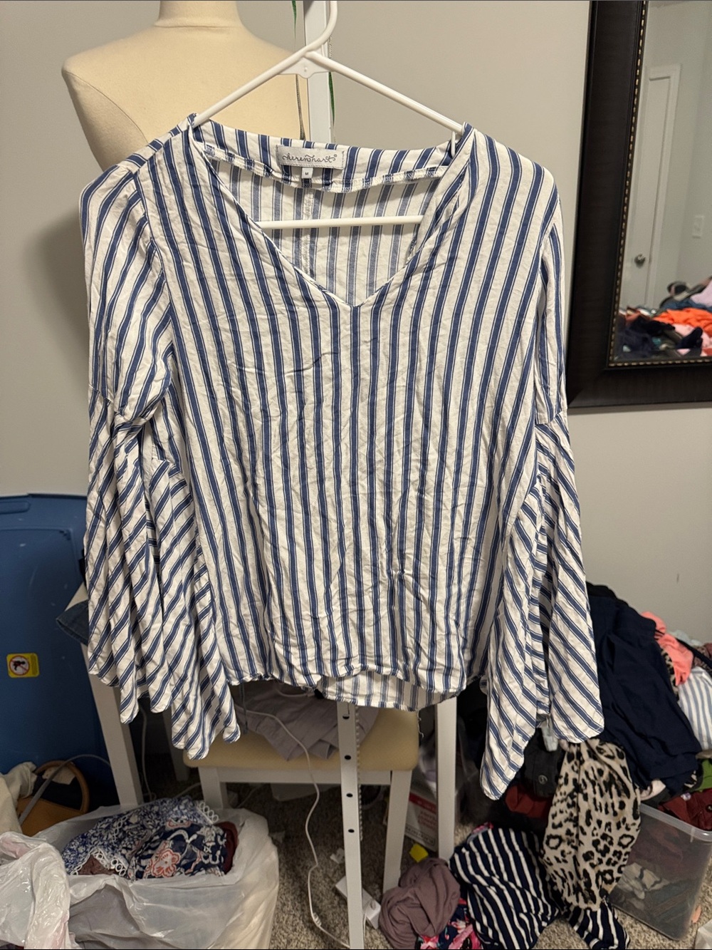 Striped V-Neck Bell Sleeve Tunic — Blue & White